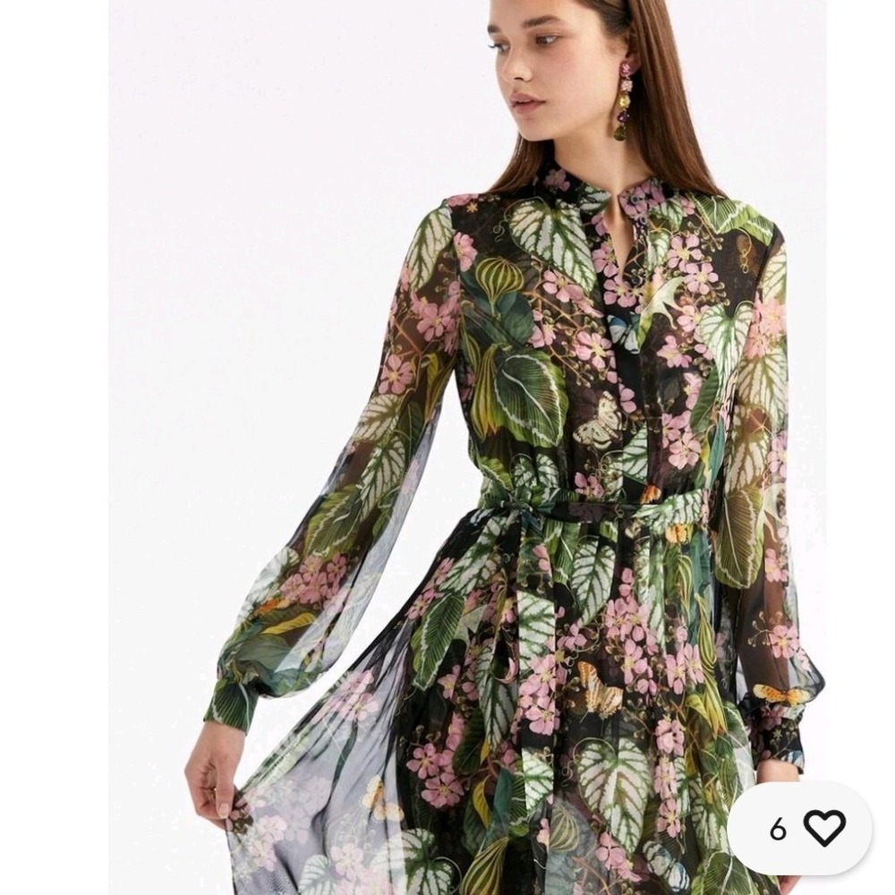 Oscar de la Renta Silk Chiffon Botanical Floral Midi Shirtdress Size 0 NEW liner - Picture 4 of 16